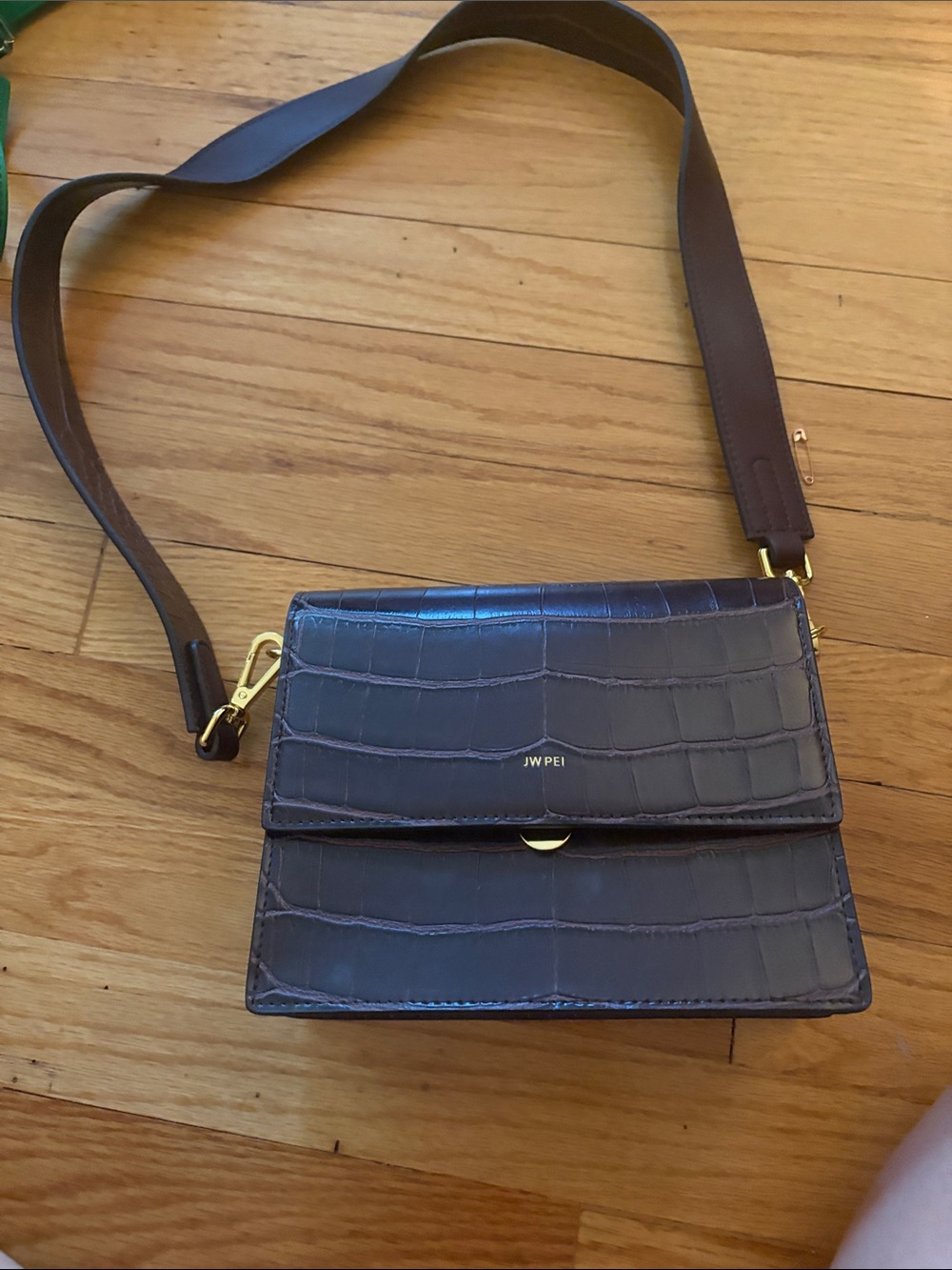 JW PEI Chocolate Croc-Embossed Crossbody Bag